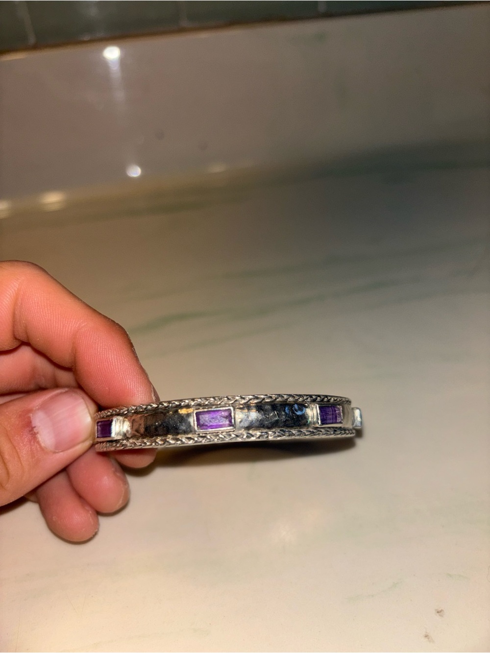 Vintage Thistle & Bee 925 Sterling Silver Amethyst Baguette Bangle Bracelet
